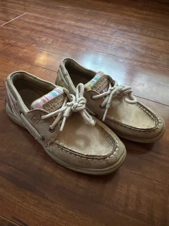 Sperry Kids Tan Boat Shoes with Pastel Stripe Accent - Picture 1 of 2